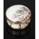 An 18th century Continental enamel table snuff box with gilt metal mounts. Decorated with a