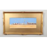 An early-mid 20th century gilt framed gouache. Arabian landscape with figures and camels. Signed