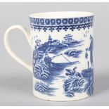 A Caughley tankard with reeded strap handle. Printed in underglaze blue with the Fisherman and