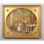 A George III silk needlework picture in gilt frame. Possibly biblical, depicting a terrace scene, an