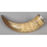 A 19th century scrimshaw cow horn with later engraved silver mounted rim. Incised with topographical