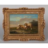 L. Gerardt (Belgian 19th century) small gilt framed oil on canvas. Sheep resting in a landscape.