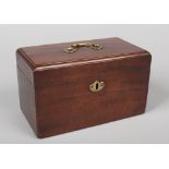 A Georgian mahogany three section tea caddy with brass handle and escutcheon, 23.5cm wide. Good