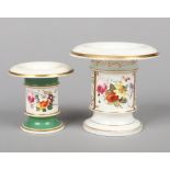 Two Rockingham overhanging-lip vases. One left in the white, gilded and with a square panel of