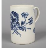 A rare Caughley cylindrical mug with grooved strap handle. Printed in underglaze blue with the