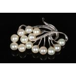 A 14 carat white gold spray brooch. Formed as a bunch of grapes and set with fourteen pearls, 12.6