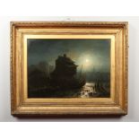 English school, 19th century large gilt framed oil on canvas. Moonlit harbour scene with figures