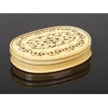 A Queen Anne ivory ovoid table snuff box. the outer cover decorated with pique inlay and with a