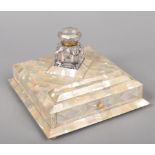 A Victorian mother of pearl parquetry inlaid desk stand.With a glass inkwell, single drawer and