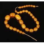 A string of Art Deco graduated butterscotch amber coloured Bakelite beads of ovoid form, largest