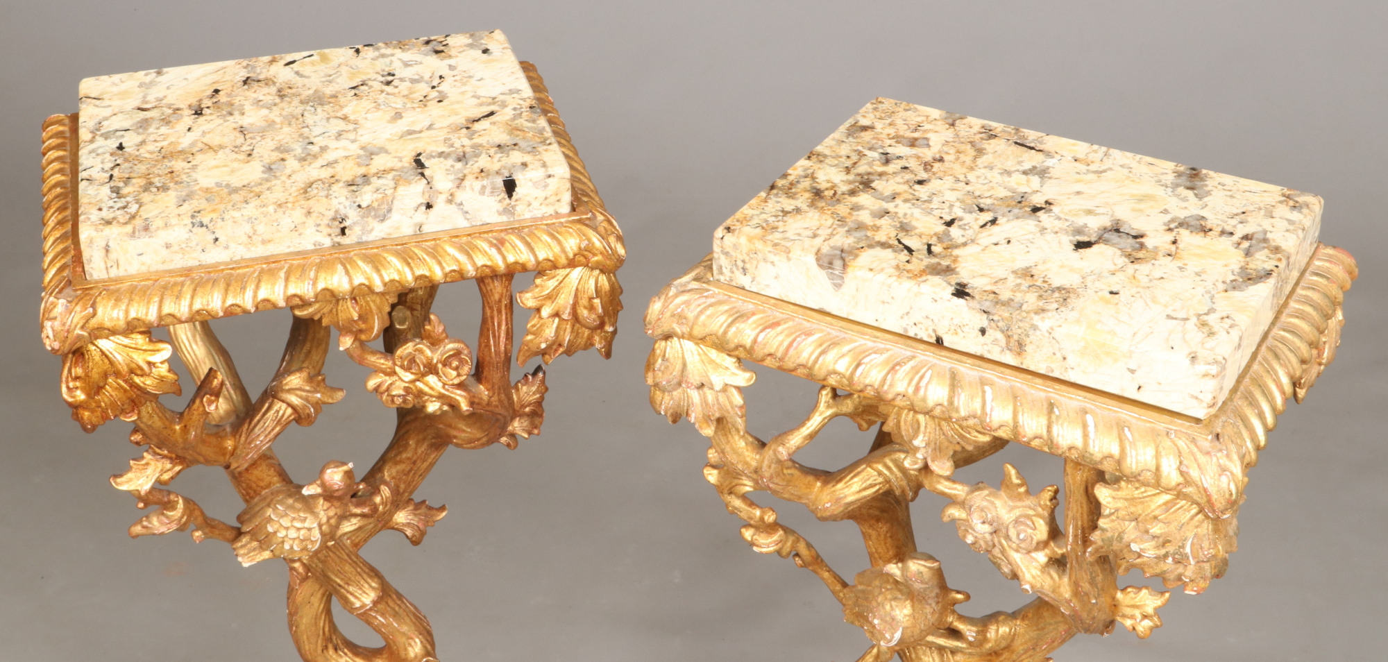 A pair of George II style marble top giltwood torchere stands. With gadrooned rims, of rustic branch - Image 6 of 6
