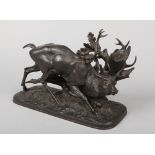 After Alfred Jacquemart (French 1824-1896) bronzed cast metal sculpture of a stag. With an oak