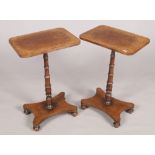 A pair of Regency bur elm centre pedestal side tables. Quarter veneered, raised on gun barrel turned