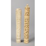 Two 19th century Cantonese carved ivory etui / bodkin holders and contents.