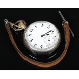 A World War I Swiss made trench pocket watch. Chrome plated, with screw back, enamel dial and
