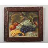 English School 19th century carved oak framed watercolour. Still life fruit and leaves, 29cm x 35cm