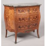 A French style kingwood marquetry bombe shaped chest with marble top and gilt metal mounts, 80cm