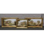 Terry Heath three gilt framed oil on canvas paintings all cottage scenes.