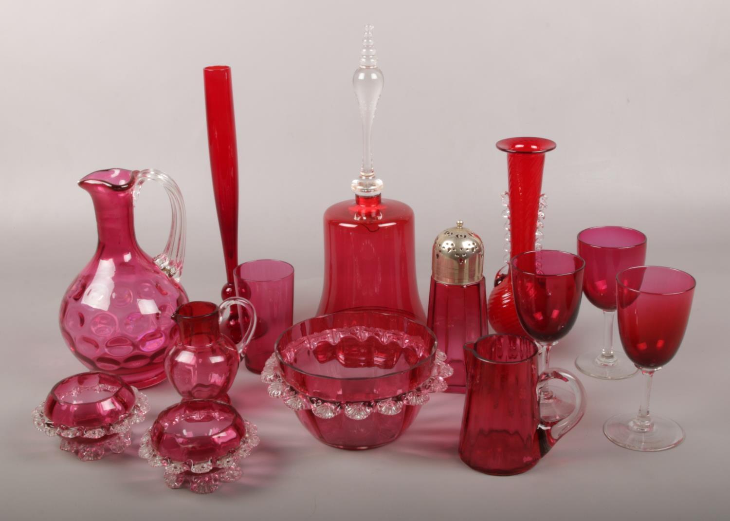 A collection of coloured glass, mainly cranberry, to include Victorian examples Chips to some