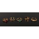 Five 18ct gold rings. Including Art Deco emerald, gypsy set, ruby and diamond examples. All