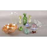 A collection of glassware to include, paperweights, carnival glass, animals etc. Handle missing on