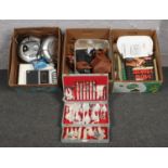 Three boxes of miscellaneous, Swan Retro terasmade, Ferguson cassette recorder, Alba Portable cd