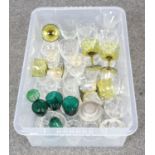 A box of mixed glassware, to include etched drinking glasses, coloured, cut glass etc.