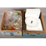 Two boxes of misc mainly glasswares cut crystal bowl, decanters, vases, cake stand, glasses etc to