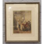 A Victorian school gilt framed watercolour. Genre interior scene with a grandmother and child beside