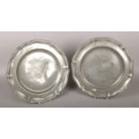 Two c18th pewter chargers with touch marks to base.