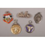 Five silver cycling club badges and medals including enameled Notts Castle example.
