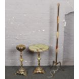 A ornate brass and marble effect side table with matching stand along with marble & brass standard