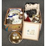 Two boxes of miscellaneous, to include Wedgwood table lamp, silver plated cloche, signed limited