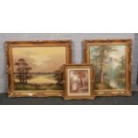 Two gilt frame oils on canvas, and one gilt frame oil on board, all landscape scenes. (Largest