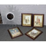 A collection of framed prints (35 cm high 25 cm wide) and metal circular framed mirror (25 cm x