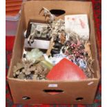 A box of miscellaneous including Art Deco mantel clock, vintage cased manicure set, hardstone bonsai