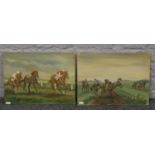 Janet Brock, pair of oils on board, horse racing scenes.