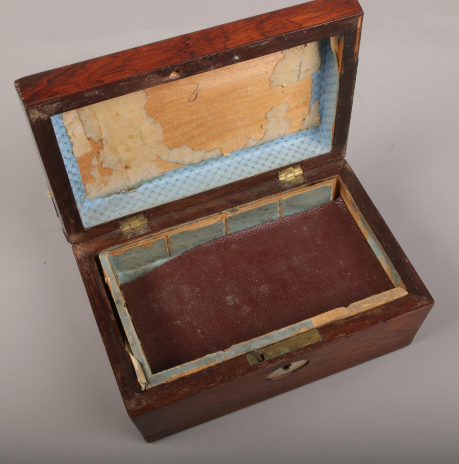 A collection of wooden items, to include Victorian tea caddy of oesophagus form, with mother of - Image 2 of 3