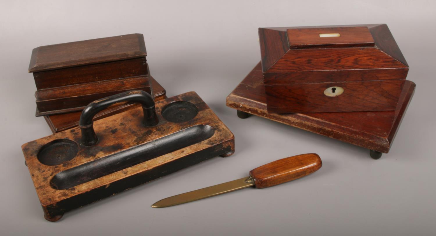 A collection of wooden items, to include Victorian tea caddy of oesophagus form, with mother of