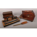A collection of wooden items, to include Victorian tea caddy of oesophagus form, with mother of