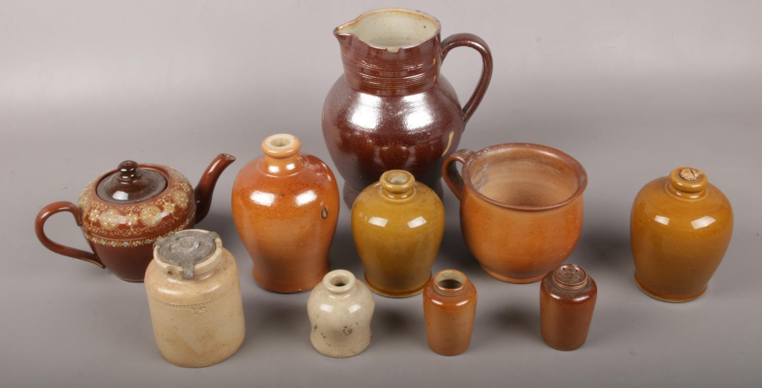 A mixed group lot of c19th stoneware to include jugs, teapot etc.