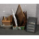 Two boxes of miscellaneous mainly frames for decoupage to include a storage drawers containing