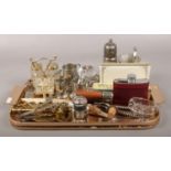 A tray of collectables to include cruet set, grape scissors, hip flasks, Woodbine dominoes etc.
