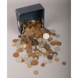 A box of mixed British pre decimal coins including crowns etc.