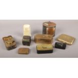 A group lot of collectables to include silver plate tea caddy, pill boxes, inkwells cigarette holder