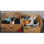 Two boxes of miscellaneous, Hornsea ceramic storage jars, prints, soft toys etc
