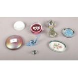 A collection of glass paperweights, varying sizes, colours, a bird, dolphin, duck