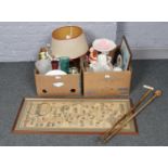 Two boxes of miscellaneous to include mantel dogs, Price's soap print, framed map, walking sticks,