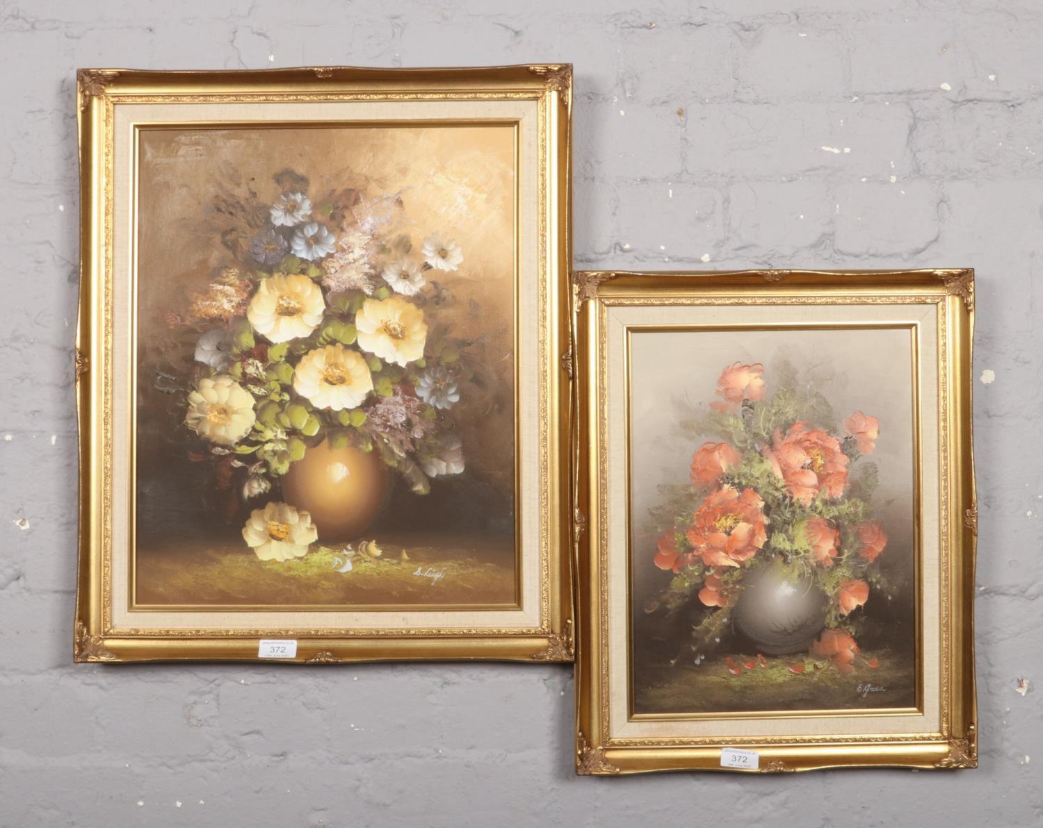 Two gilt frame oil on canvas, still life studies of flowers, signed B Leigh and E Green (Largest