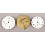 Three pocket watch movements; John Hawley & Son centre second chronograph with dial, J. W. Benson